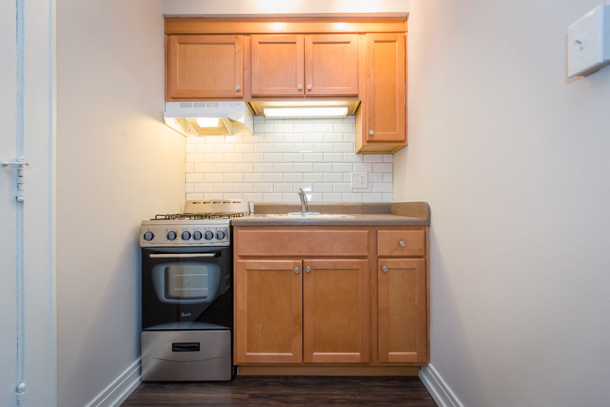kitchen renovated wood cabinets stainless steel hardwood floors hyde park kenwood chicago apartment